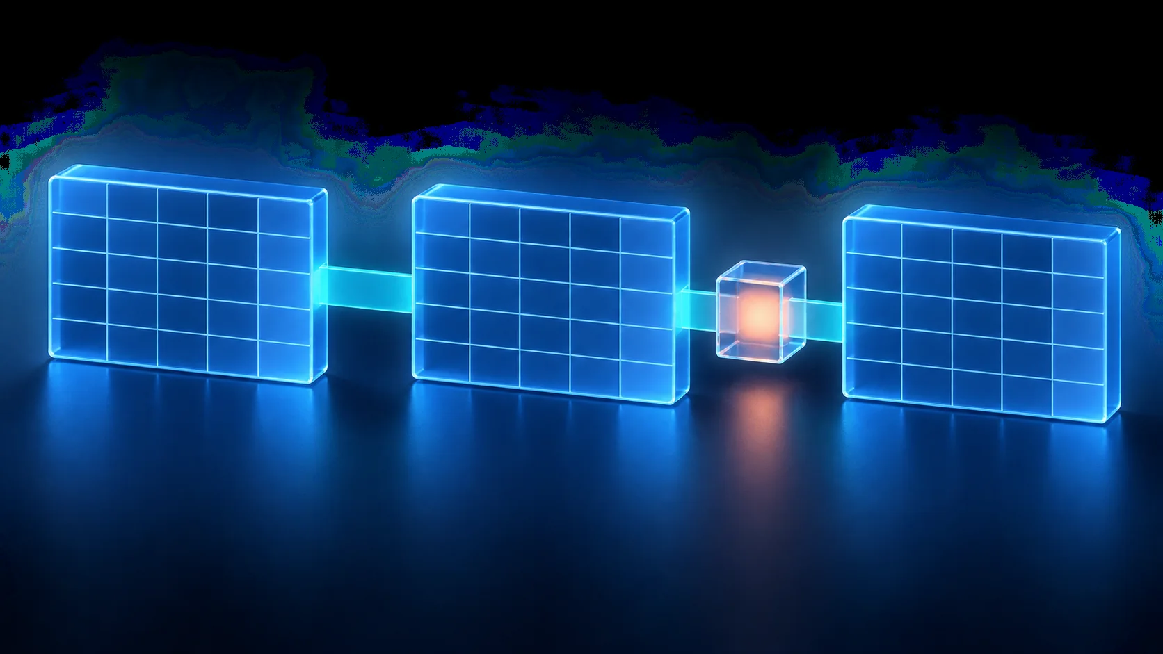 Three blue spreadsheet grids flow through one small transformation block into a clean output grid on a dark navy background