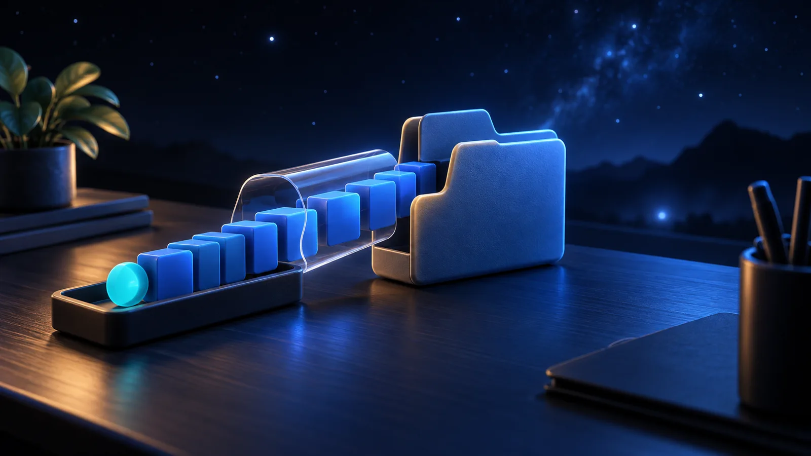 Blue data tiles pass through a protective sleeve into a file-shaped holder, with a cyan leading tile preserved