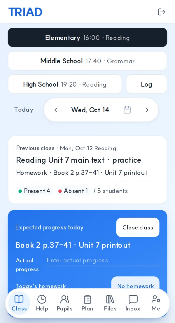 Teacher's phone screen with today's class, planned progress and homework